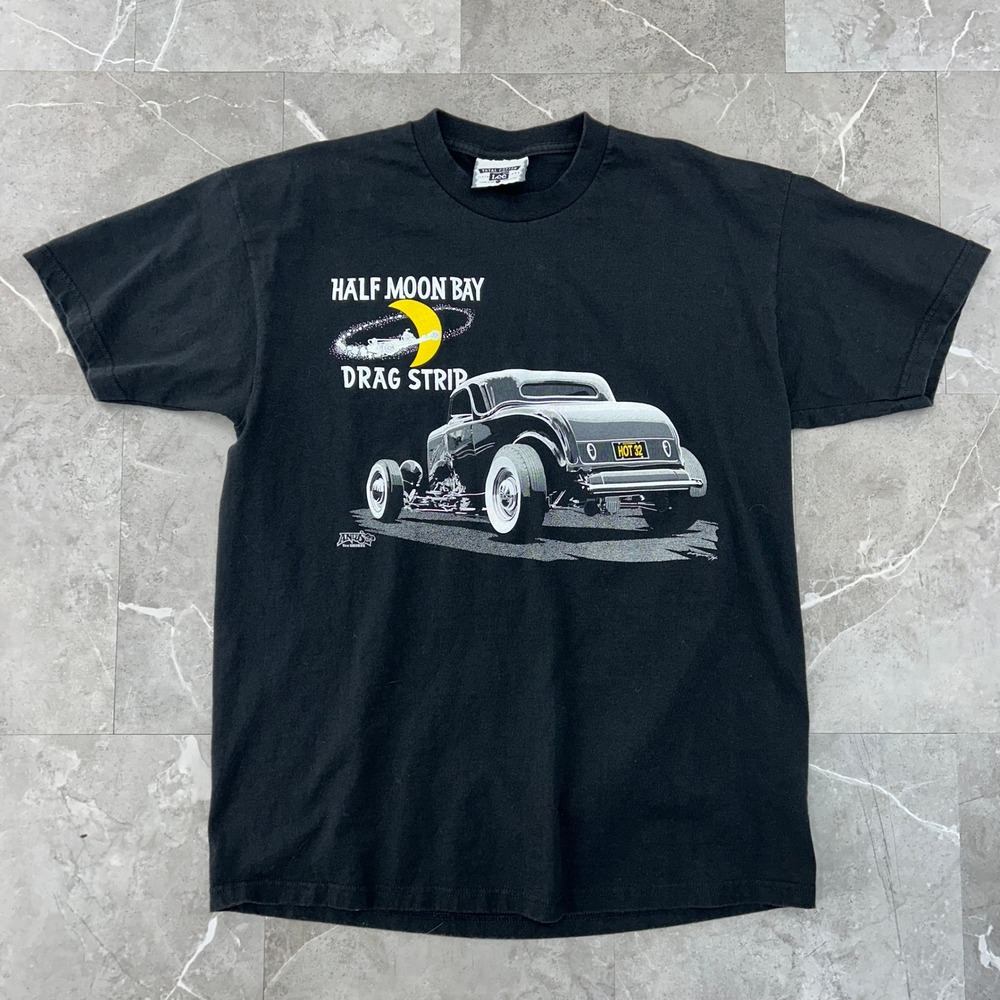 90s Vintage Drag Racing Graphic Tee Mens Large Short Sleeve Half Moon Bay Strip